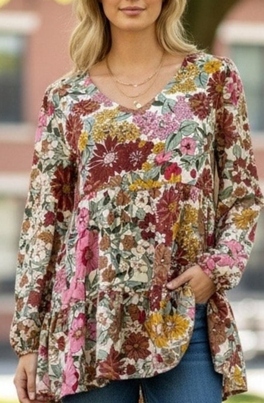 NWT Jodifl Floral Ruffle Hem BabyDoll Blouse